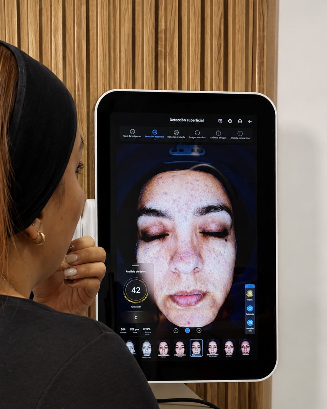 Analizador facial mostrando el análisis de la piel de una paciente en Tôme Clinic